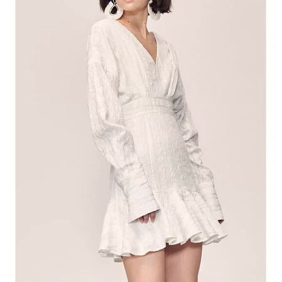 ISSUP Studios White Textured Dress Long Sleeve Flutter Skirt - Picture 1 of 7